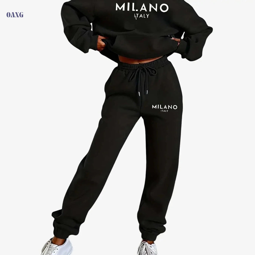 Women's Hooded Sweatshirt Set - Casual Long Sleeve Knit Fashion   OAXG Black / XS