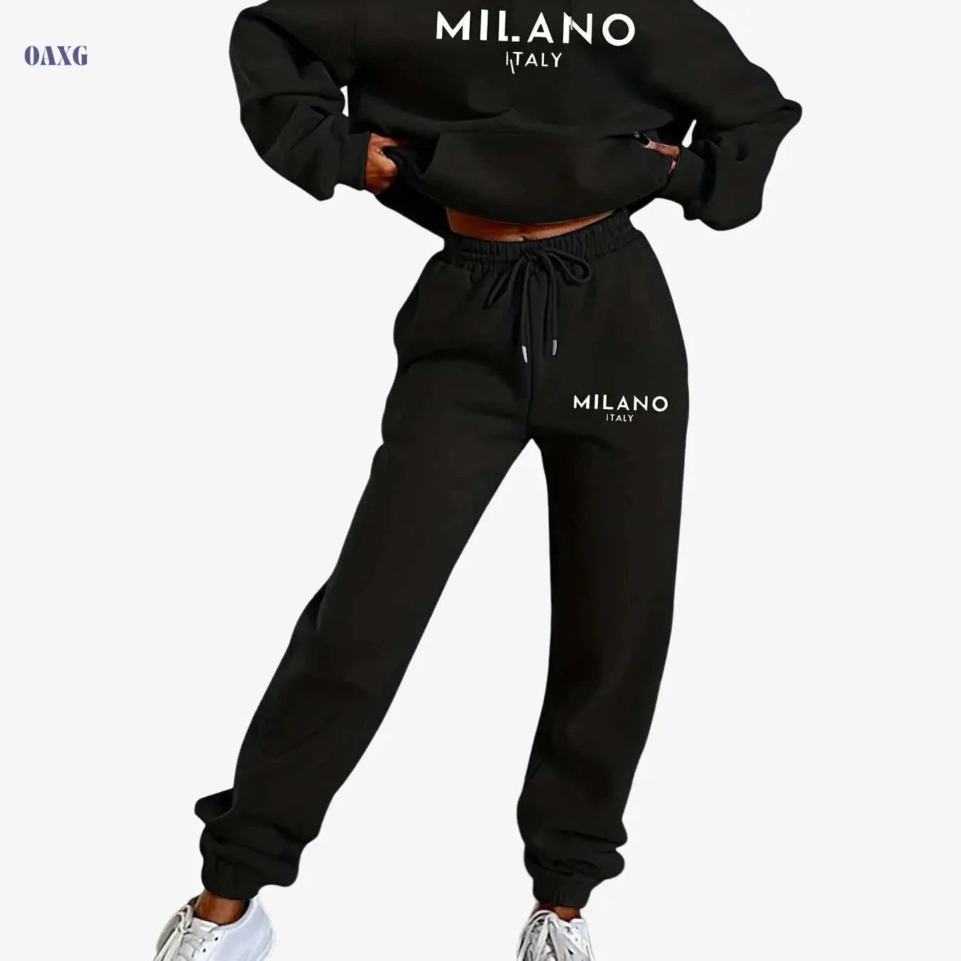 Women's Hooded Sweatshirt Set - Casual Long Sleeve Knit Fashion   OAXG Black / XS