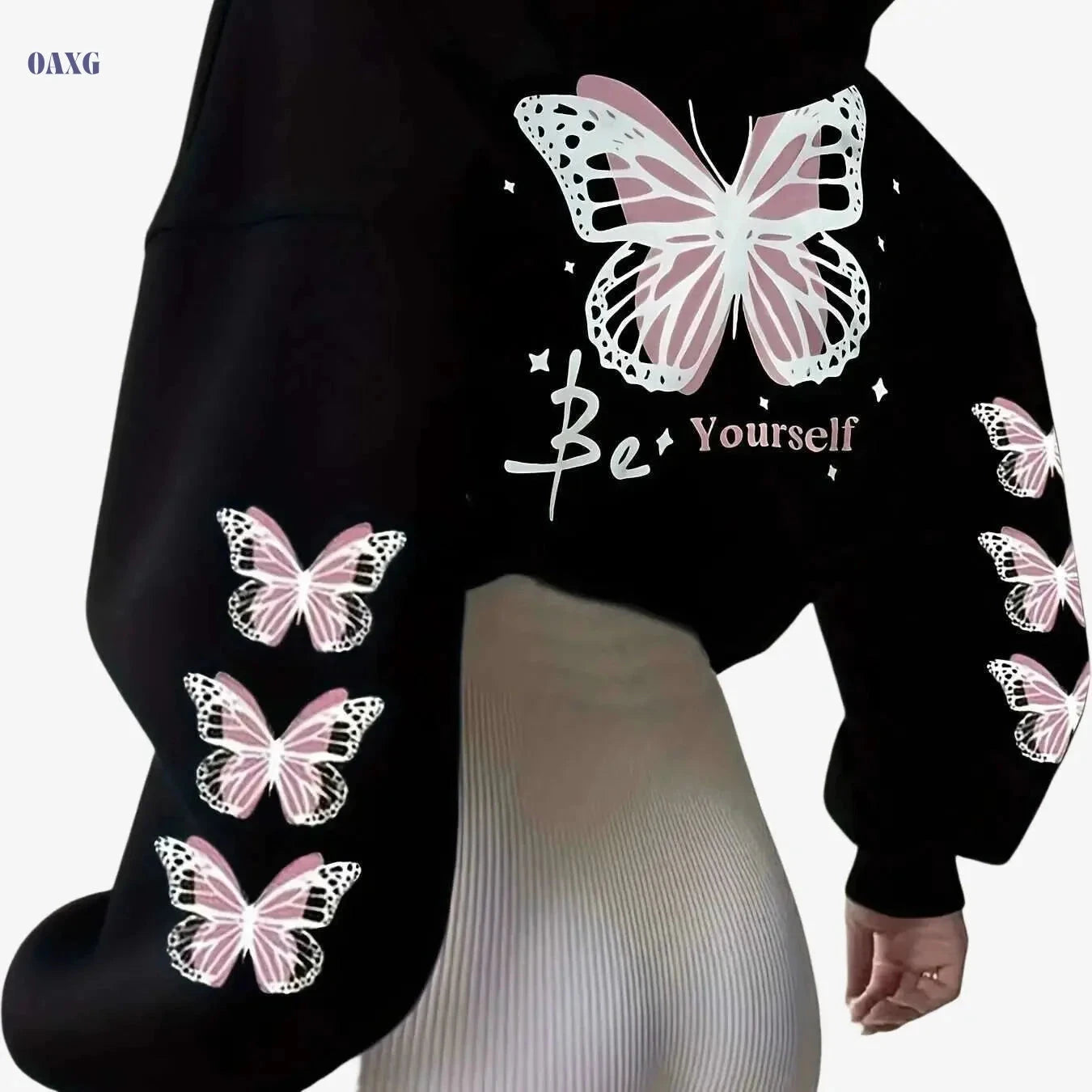 Women's Hooded Sweatshirt with Butterfly Print - Cozy Casual Pullover   OAXG 