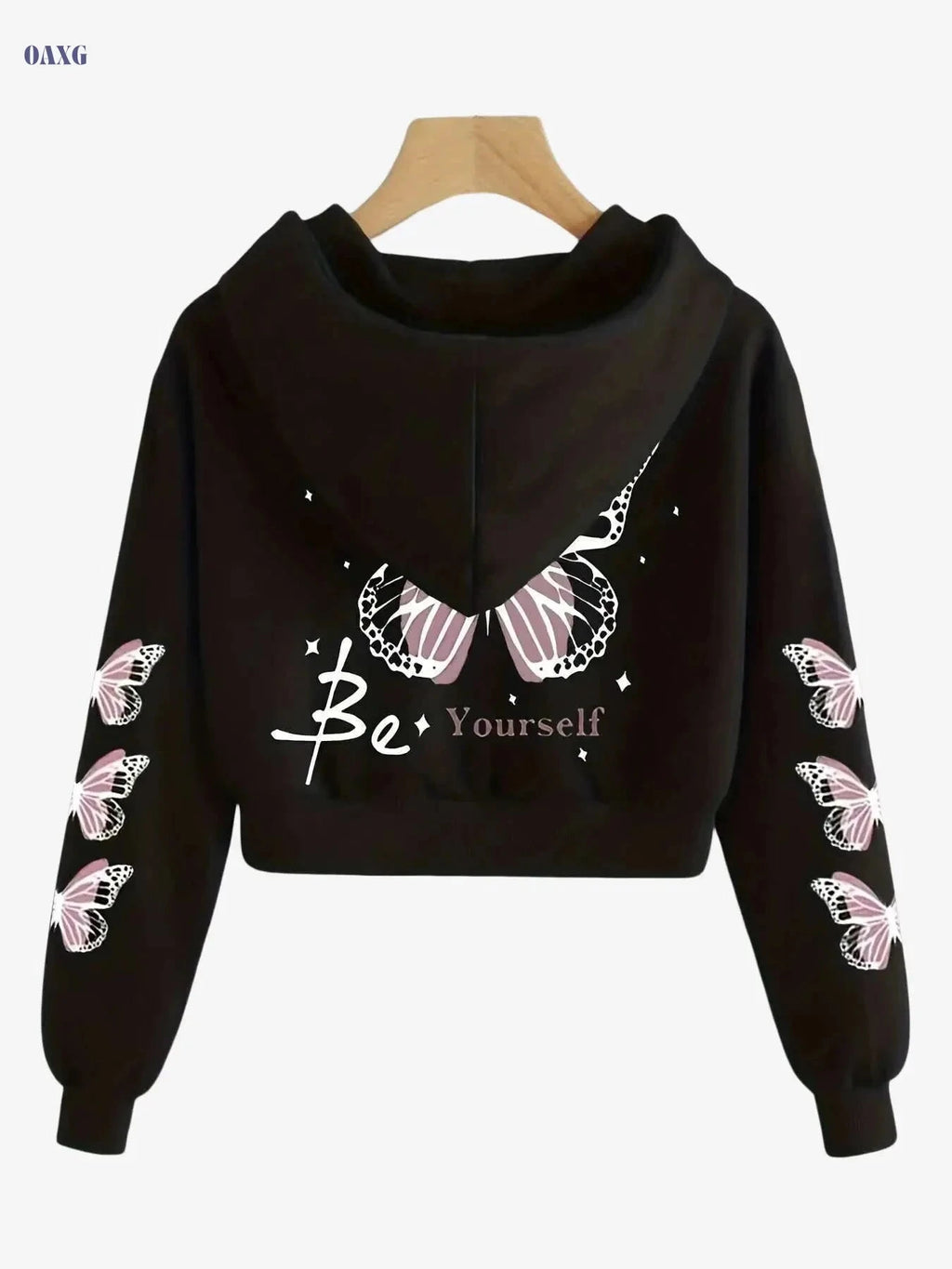 Women's Hooded Sweatshirt with Butterfly Print - Cozy Casual Pullover   OAXG Black / S