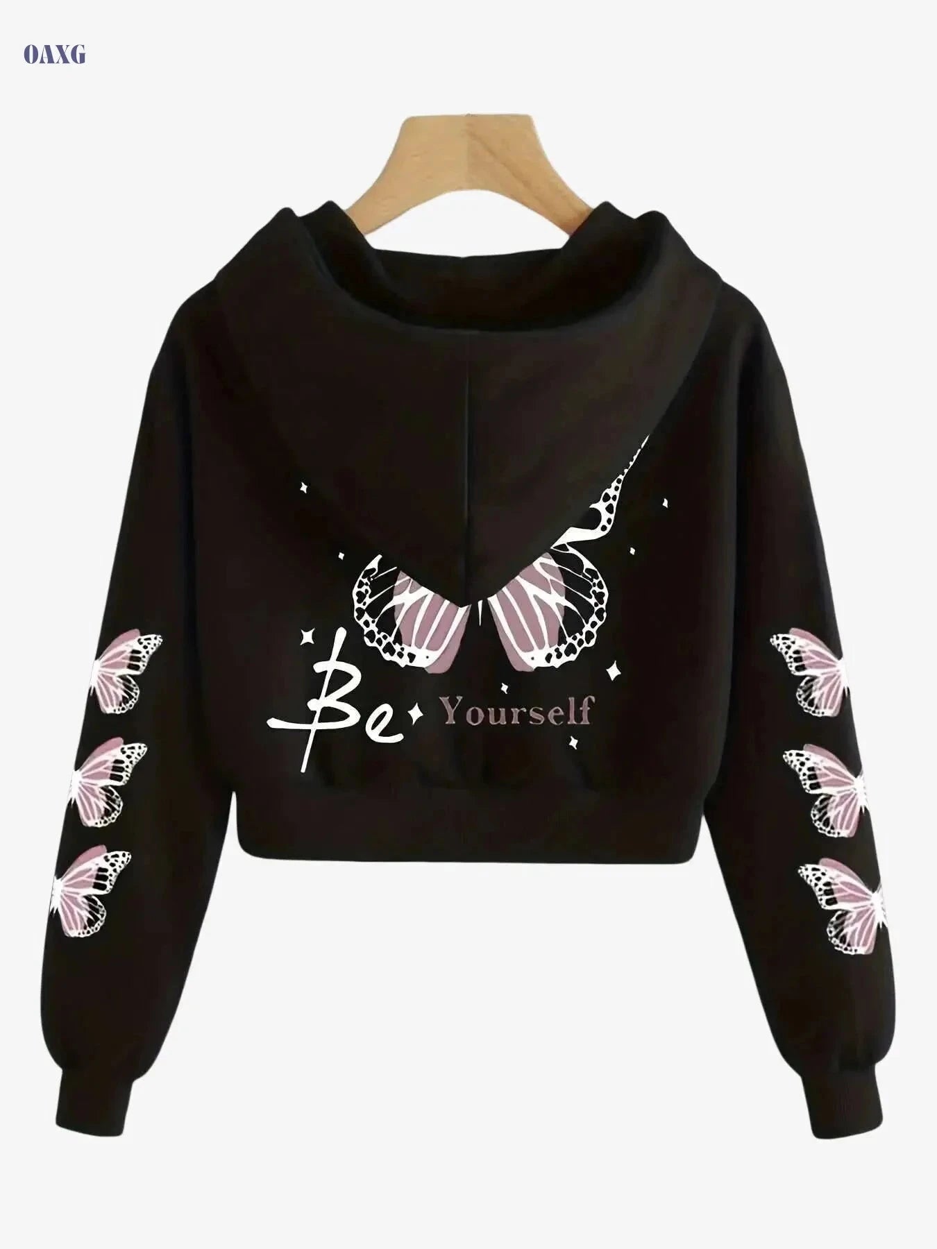 Women's Hooded Sweatshirt with Butterfly Print - Cozy Casual Pullover   OAXG Black / S