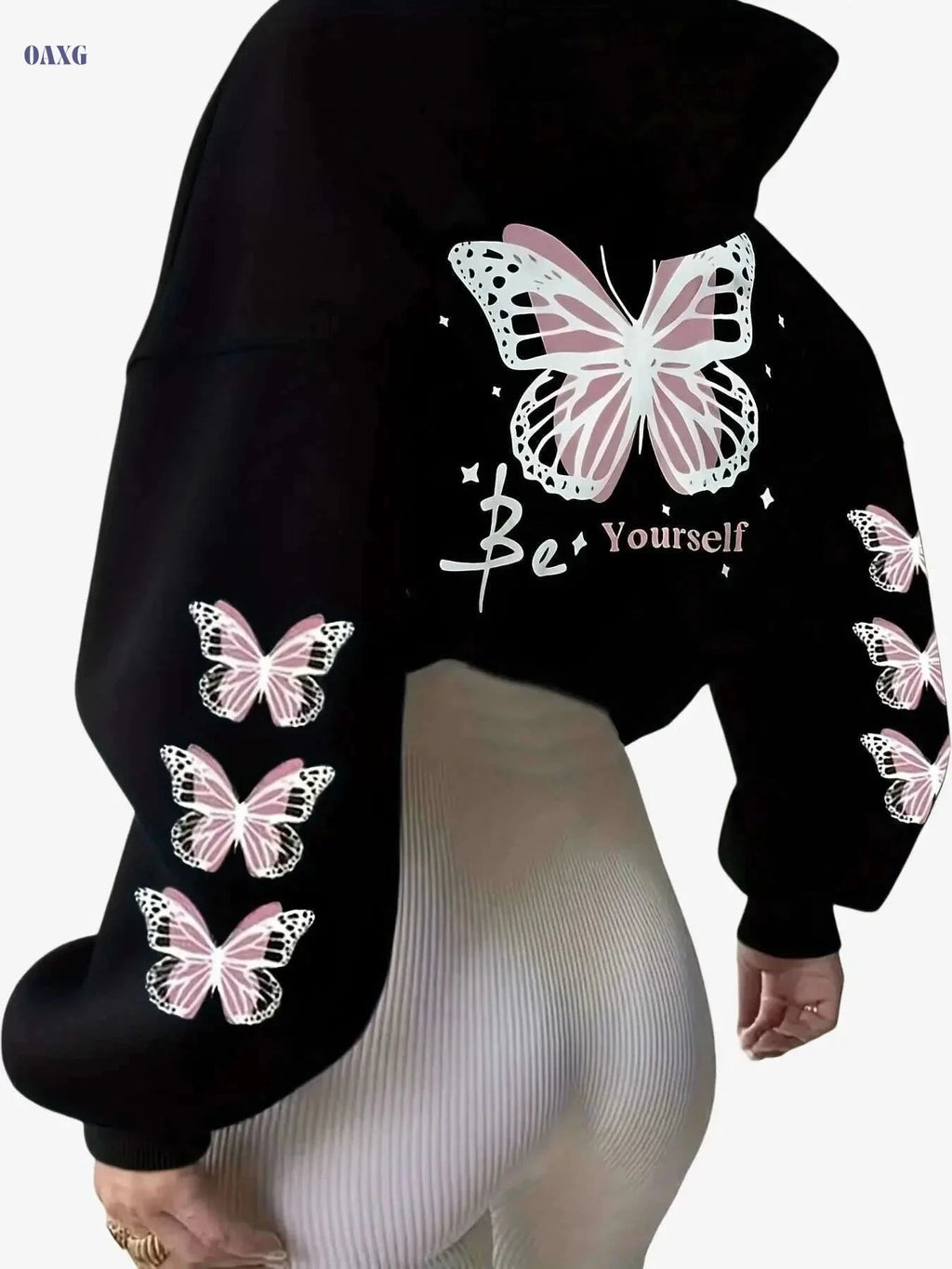 Women's Hooded Sweatshirt with Butterfly Print - Cozy Casual Pullover   OAXG 
