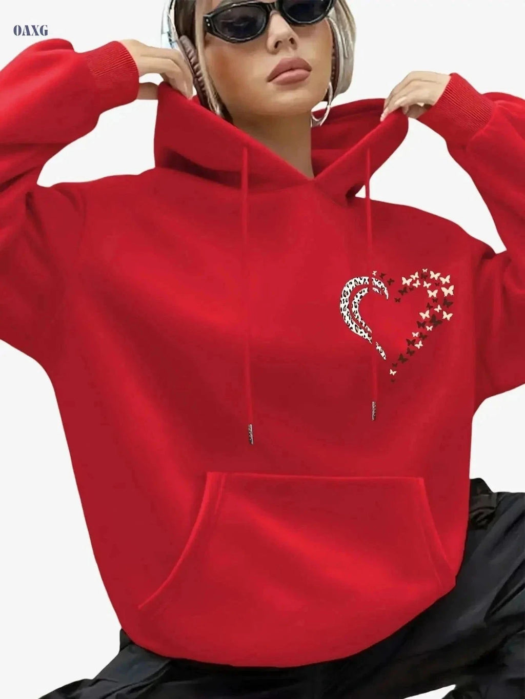 Women's Hooded Winter Sweater - Cozy Butterfly & Heart Print Pullover   OAXG Purple / XS