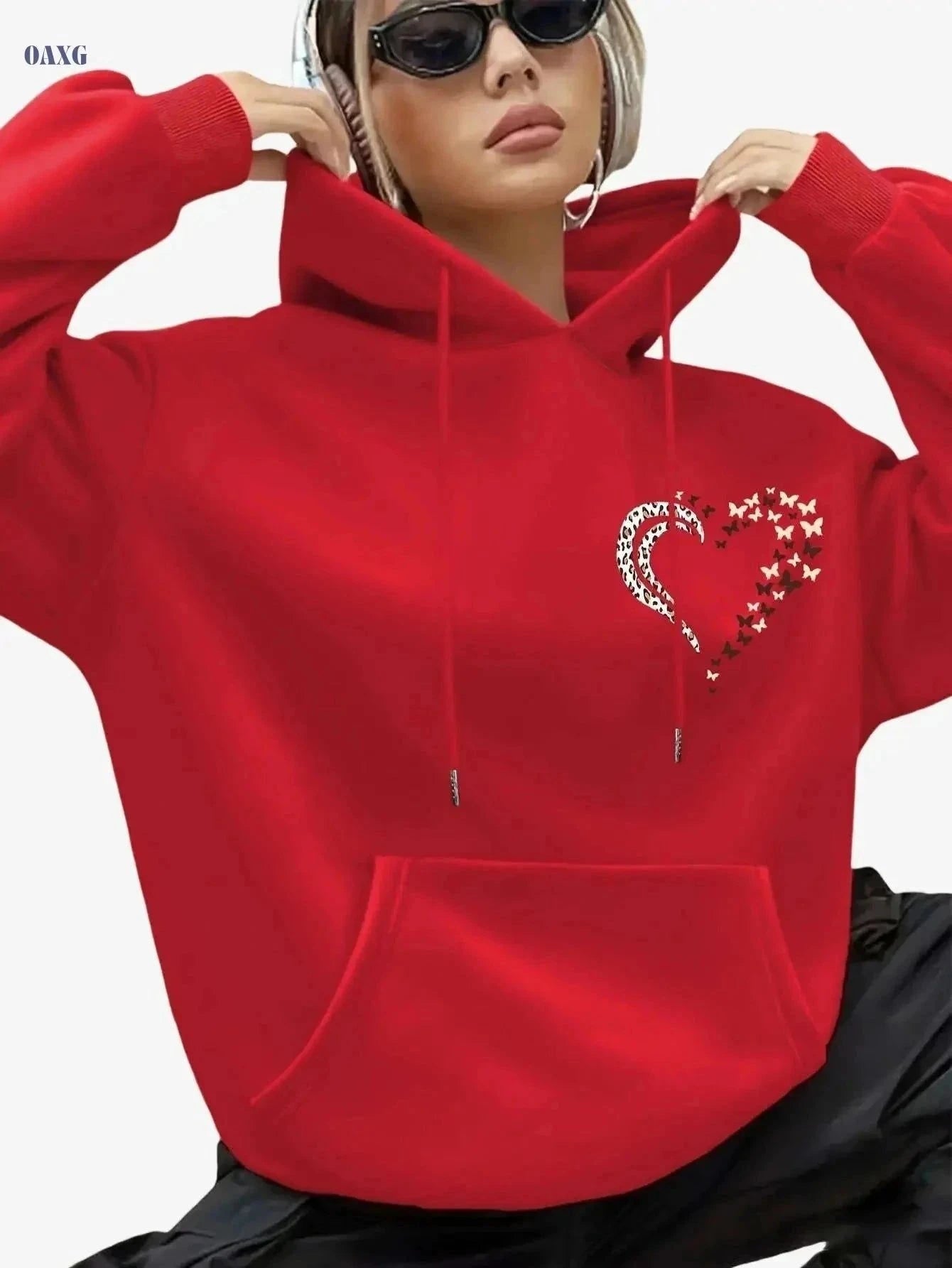 Women's Hooded Winter Sweater - Cozy Butterfly & Heart Print Pullover   OAXG Purple / XS