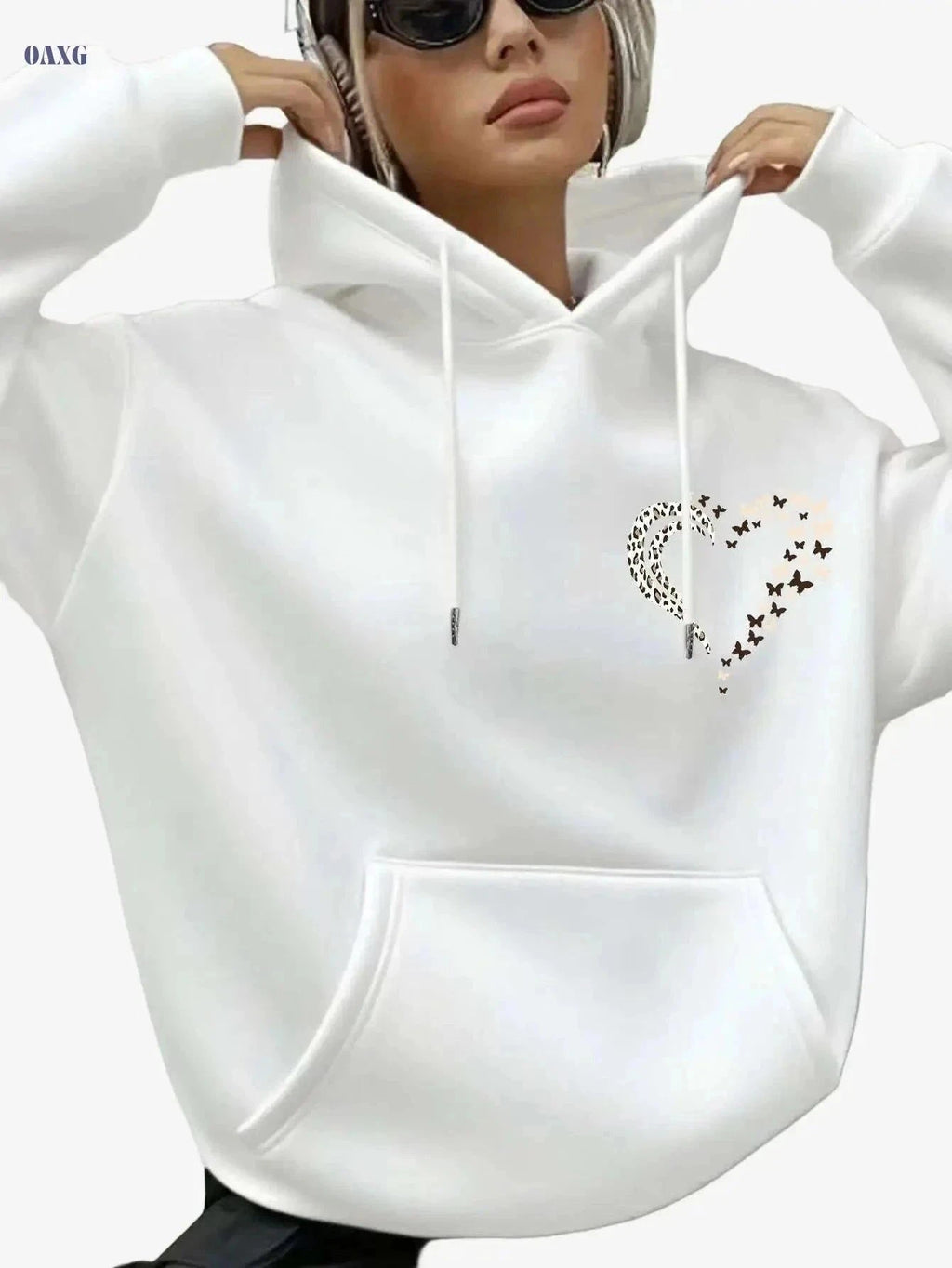 Women's Hooded Winter Sweater - Cozy Butterfly & Heart Print Pullover   OAXG Purple / XS