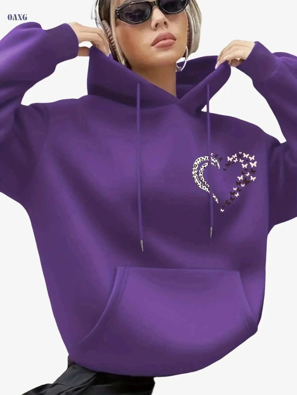 Women's Hooded Winter Sweater - Cozy Butterfly & Heart Print Pullover   OAXG Purple / XS