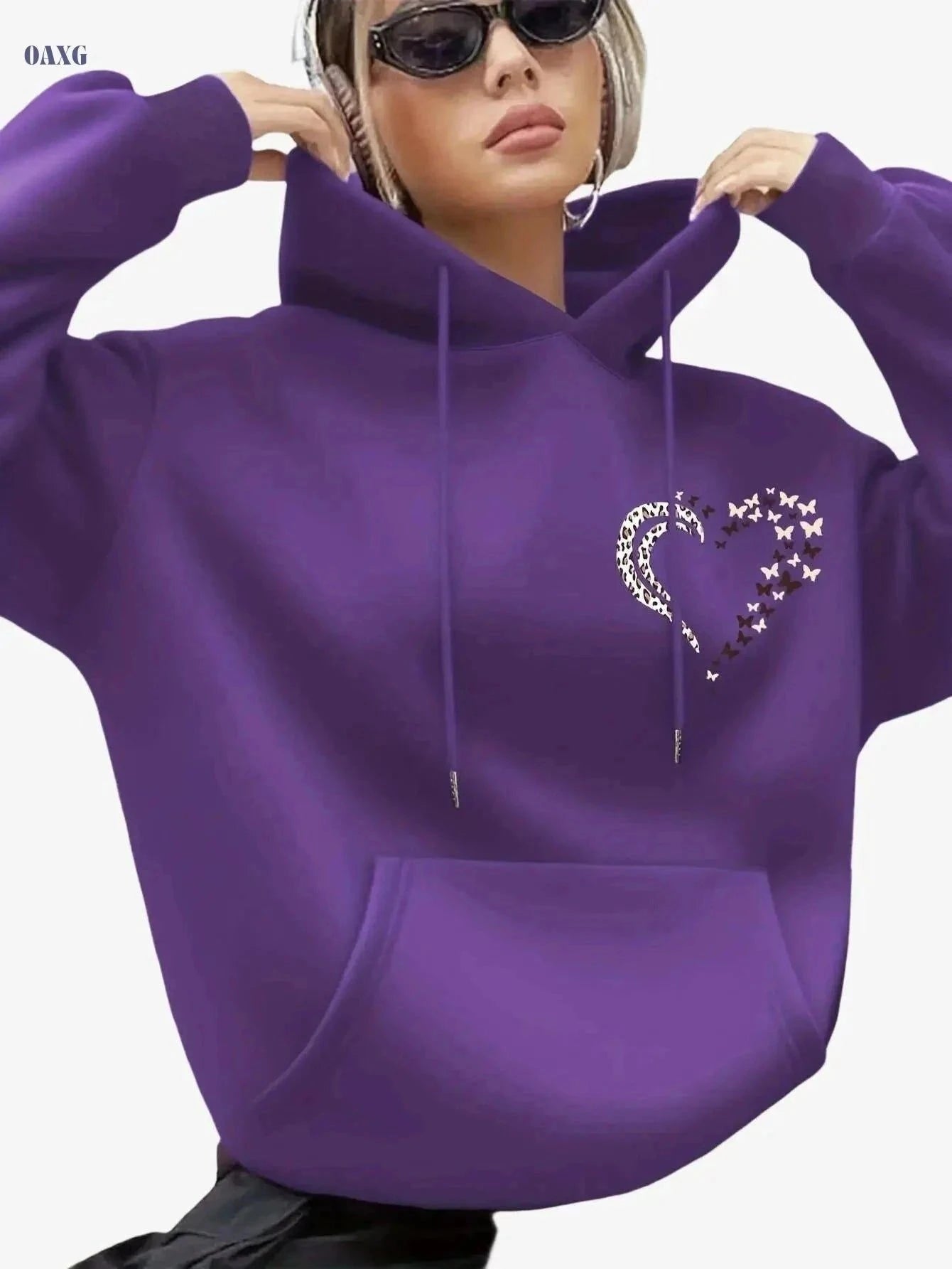 Women's Hooded Winter Sweater - Cozy Butterfly & Heart Print Pullover   OAXG Purple / XS