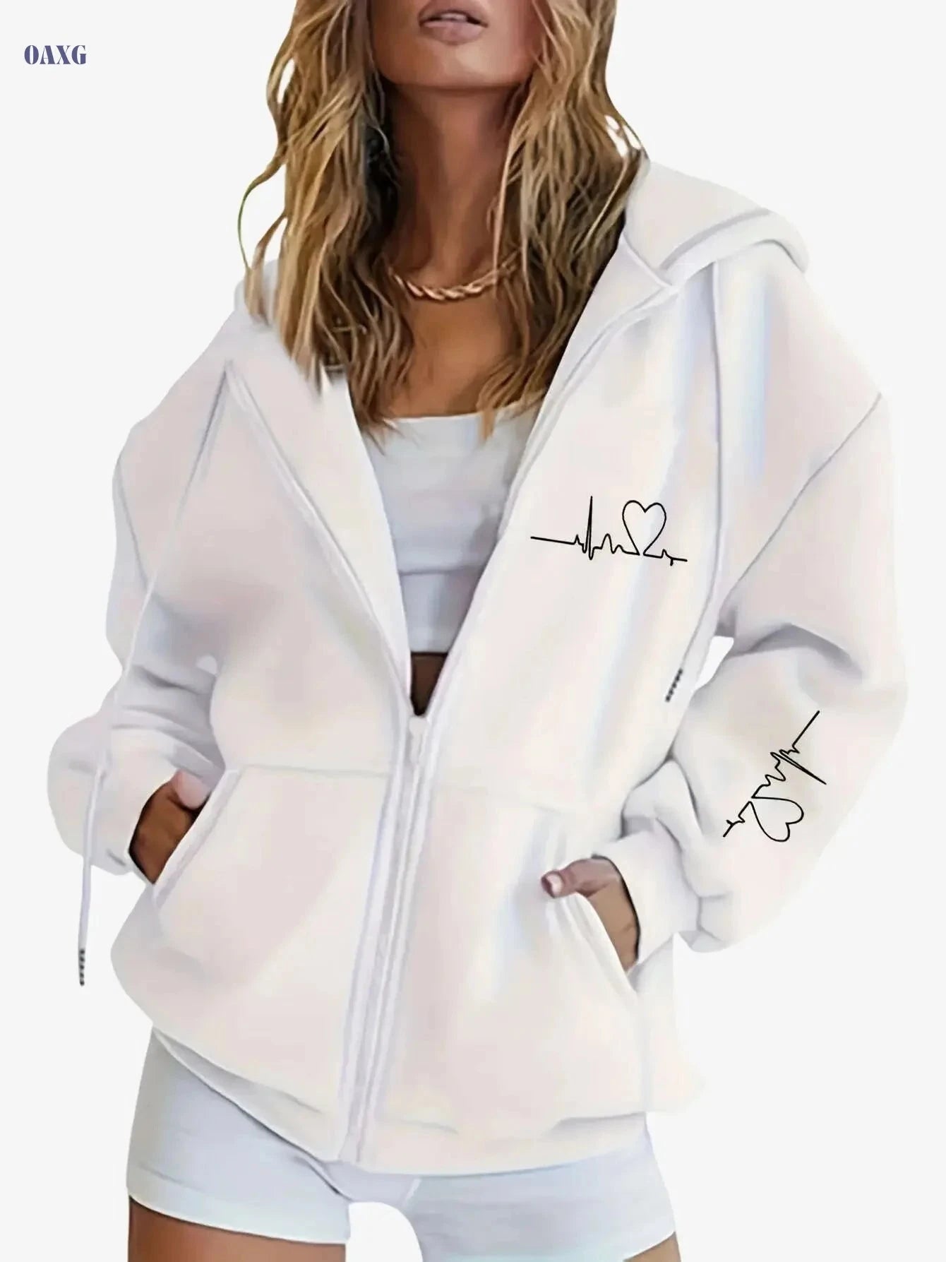 Women's Hooded Zip-Up Sweatshirt - Thick Geometric Print, Casual Style   OAXG 