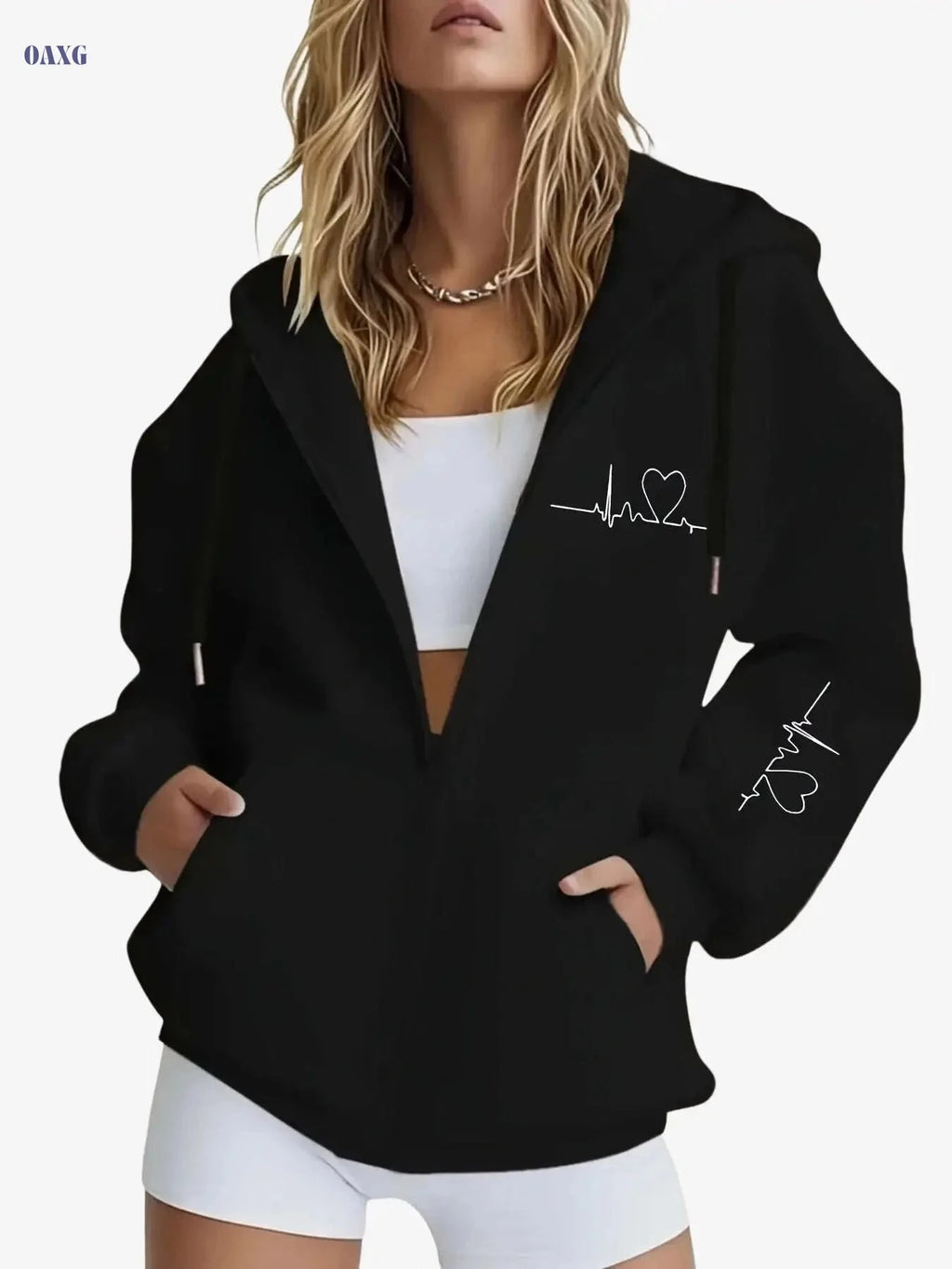 Women's Hooded Zip-Up Sweatshirt - Thick Geometric Print, Casual Style   OAXG Black / S