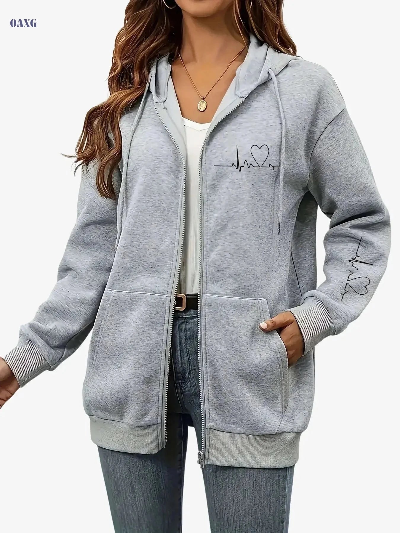 Women's Hooded Zip-Up Sweatshirt - Thick Geometric Print, Casual Style   OAXG Black / S