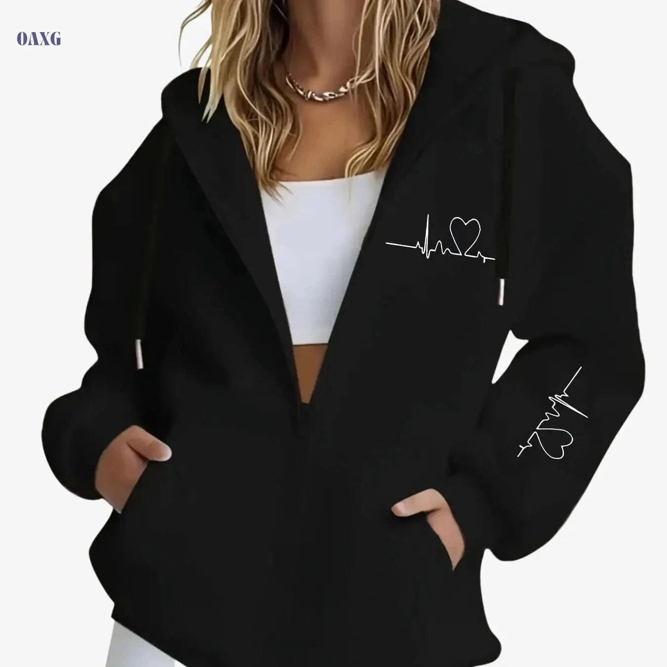 Women's Hooded Zip-Up Sweatshirt - Thick Geometric Print, Casual Style   OAXG 