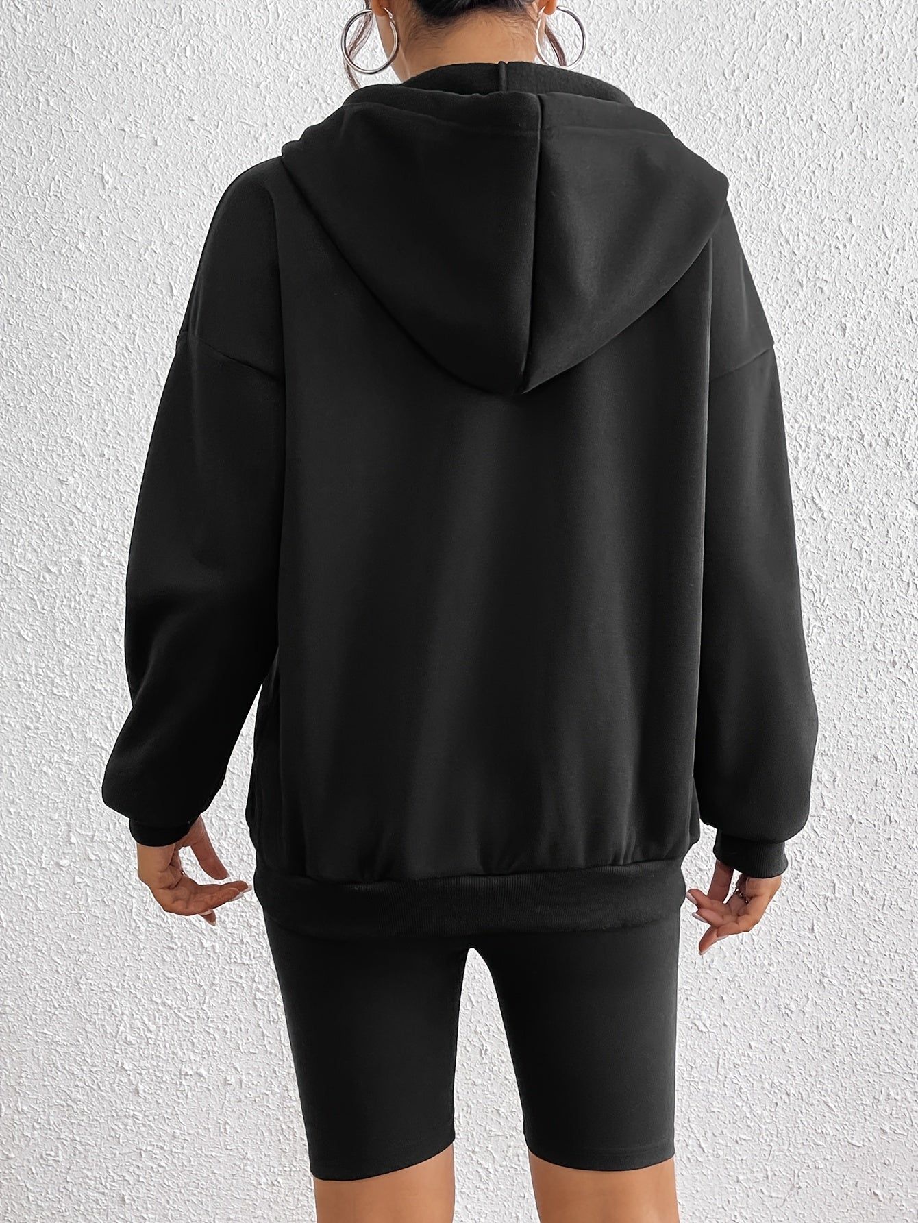 Women'S Hooded Zip Up Sweatshirt with Heart Print, Polyester 90% Elastane 10%, Slight Stretch Knit Fabric, Spring/Fall Sports Style, Drawstring Detail, 250g/m² Weight   OAXG Black / XS