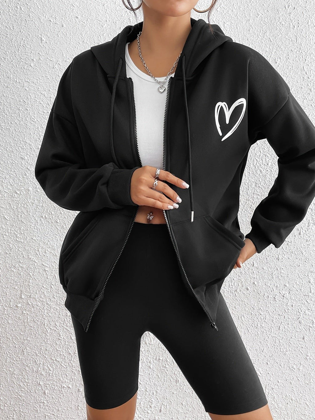 Women'S Hooded Zip Up Sweatshirt with Heart Print, Polyester 90% Elastane 10%, Slight Stretch Knit Fabric, Spring/Fall Sports Style, Drawstring Detail, 250g/m² Weight   OAXG Black / XS