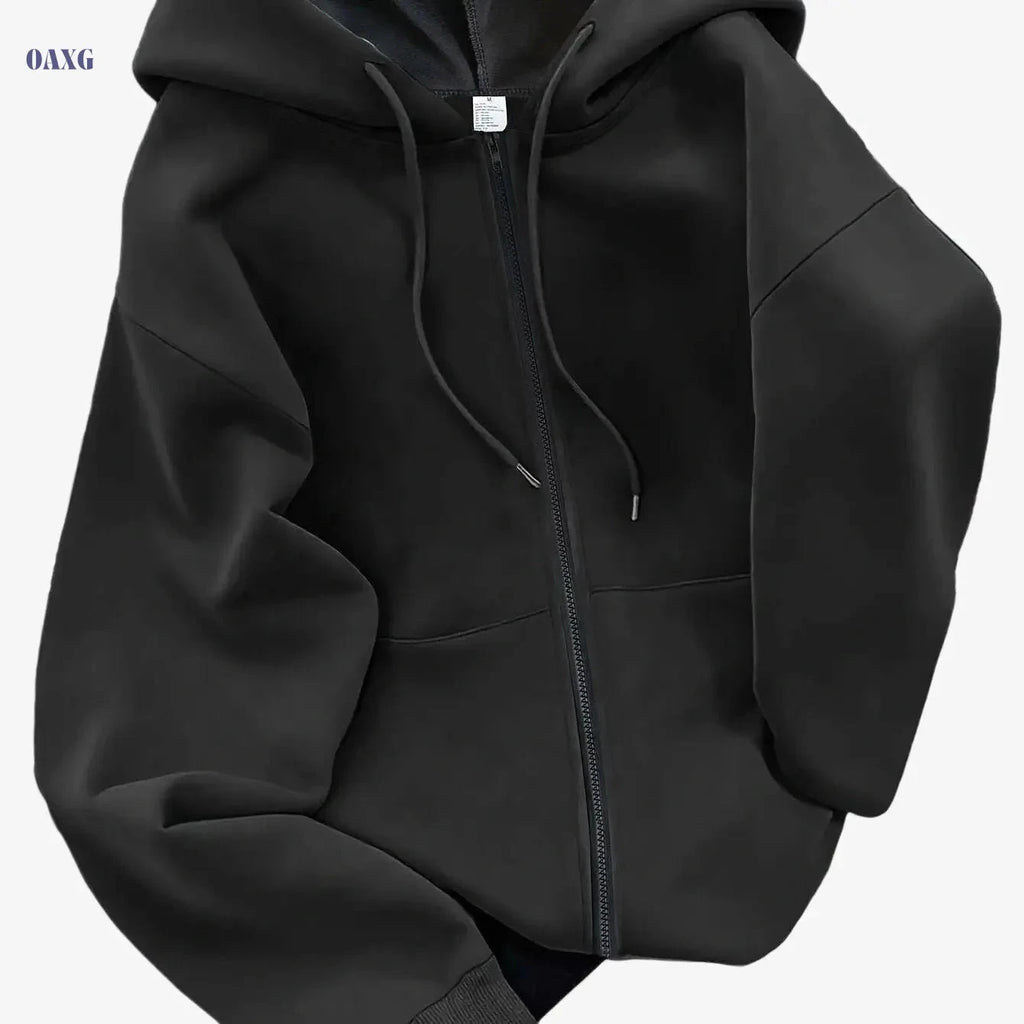 Women's Hooded Zipper Sweatshirt - Casual Geometric Pattern Hoodie   OAXG Black / S