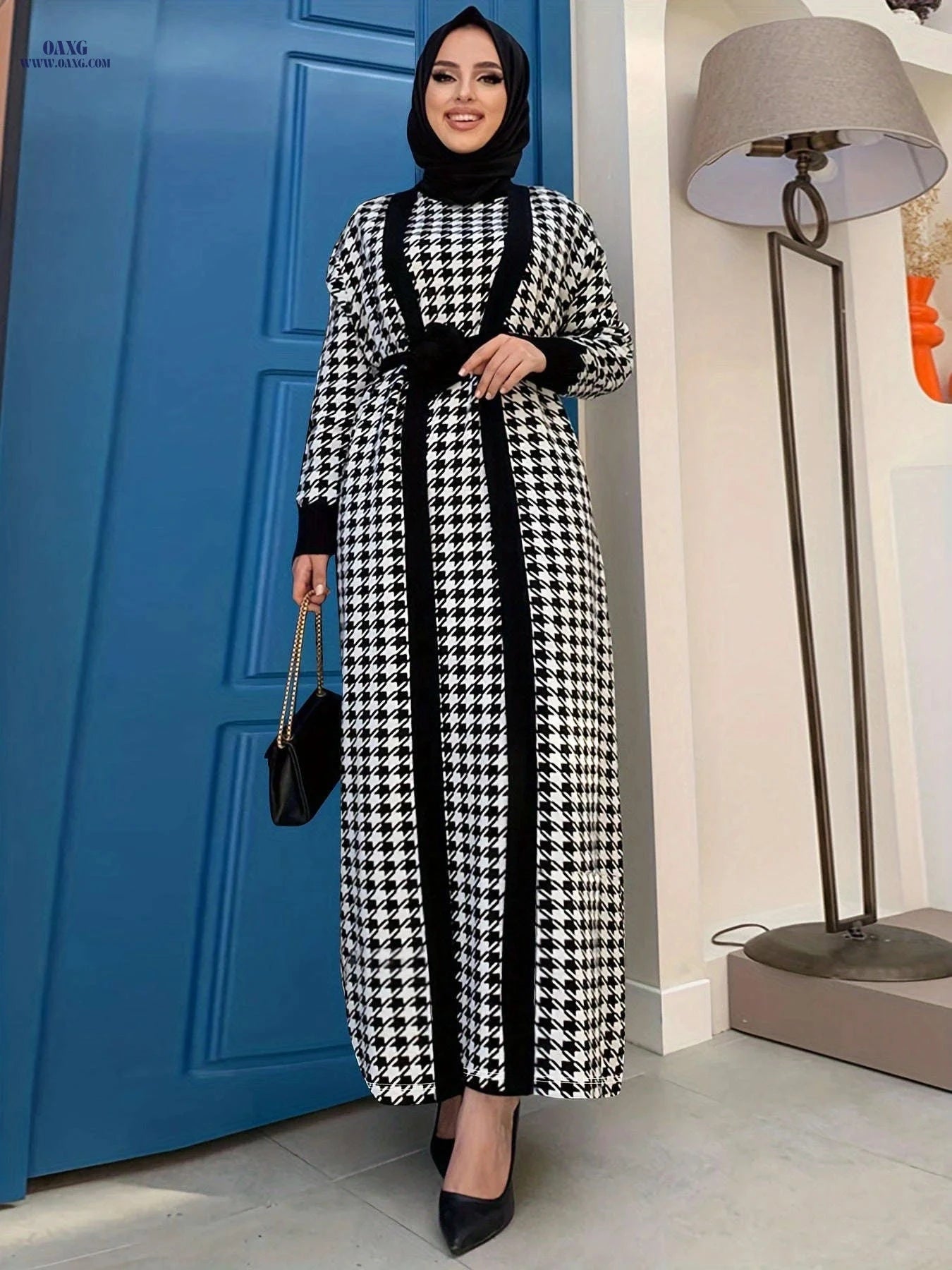 Women's Houndstooth Coat & Dress Set - Autumn Winter Fashion   OAXG 