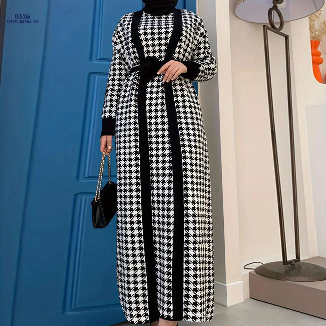 Women's Houndstooth Coat & Dress Set - Autumn Winter Fashion   OAXG Black / S