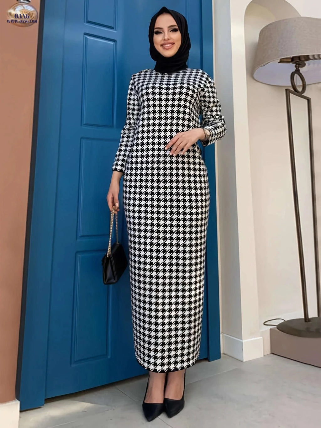 Women's Houndstooth Coat & Dress Set - Autumn Winter Fashion   OAXG Black / S