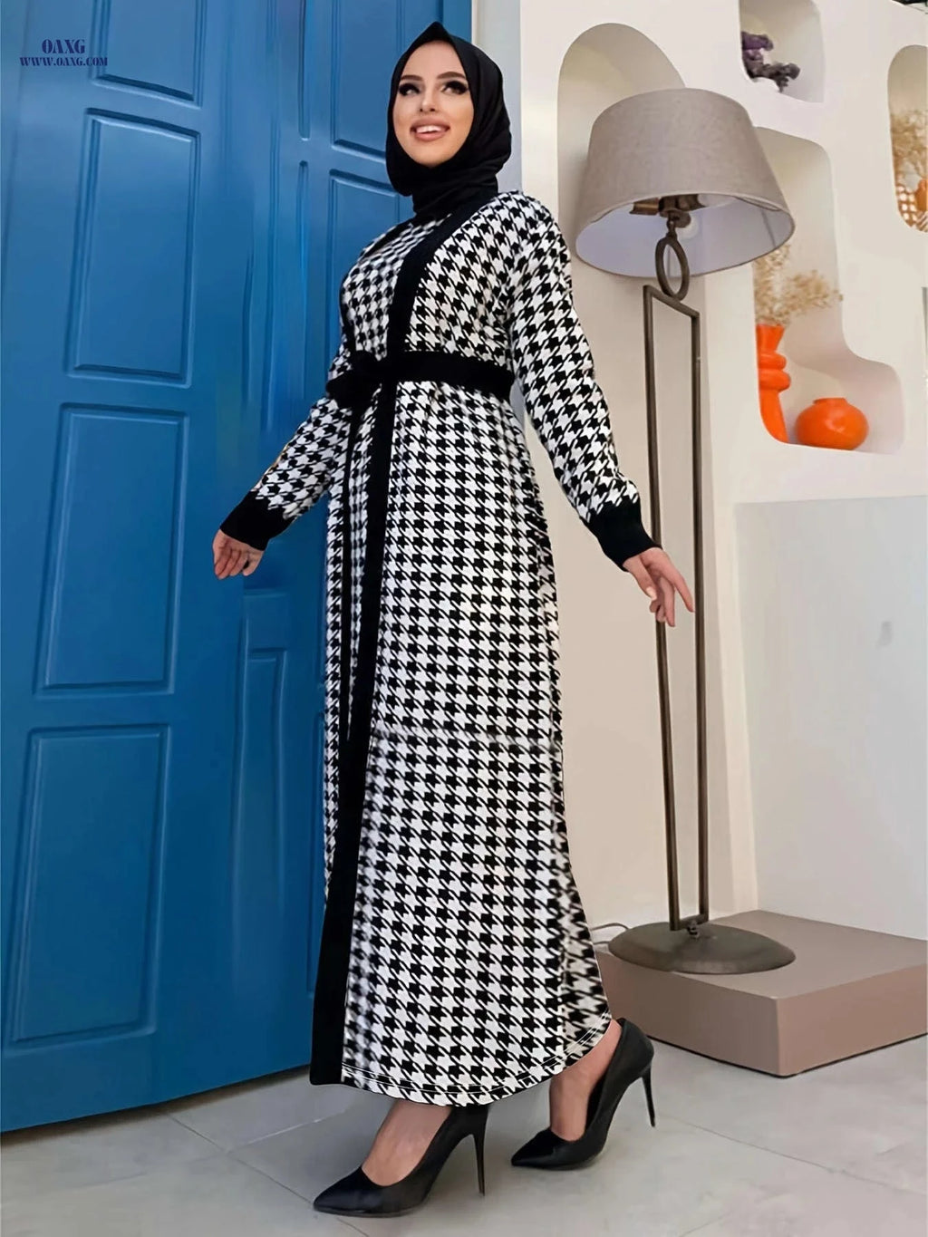 Women's Houndstooth Coat & Dress Set - Autumn Winter Fashion   OAXG 