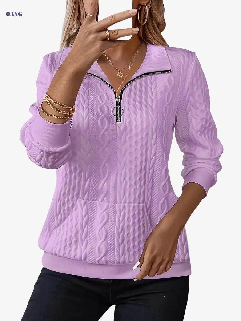 Women's Jacquard Pullover Hoodie - Long Sleeve Zipper Casual Sweatshirt   OAXG 