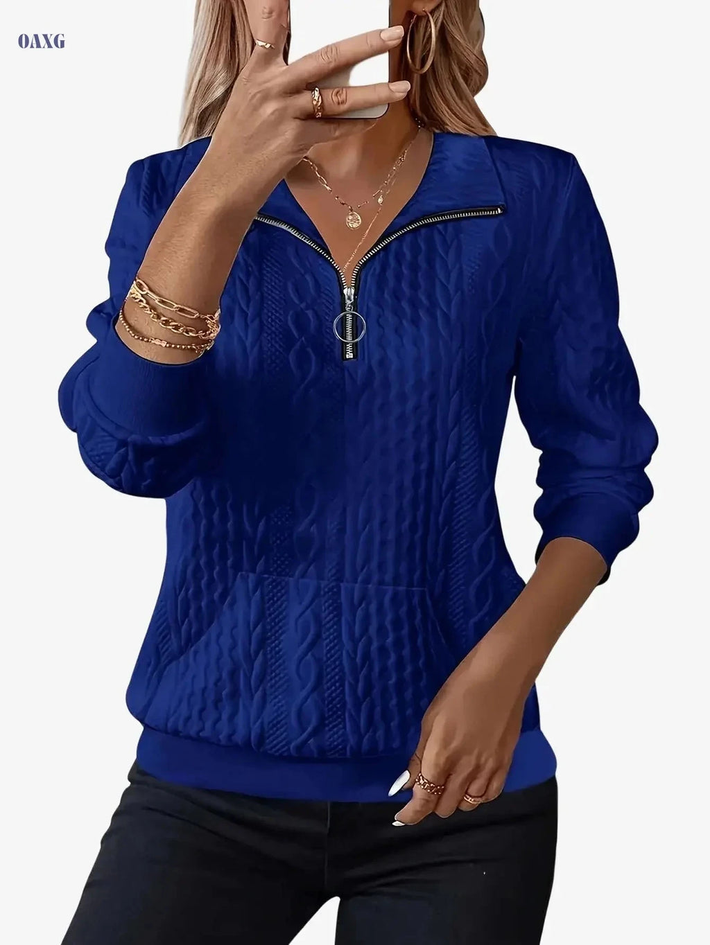 Women's Jacquard Pullover Hoodie - Long Sleeve Zipper Casual Sweatshirt   OAXG 