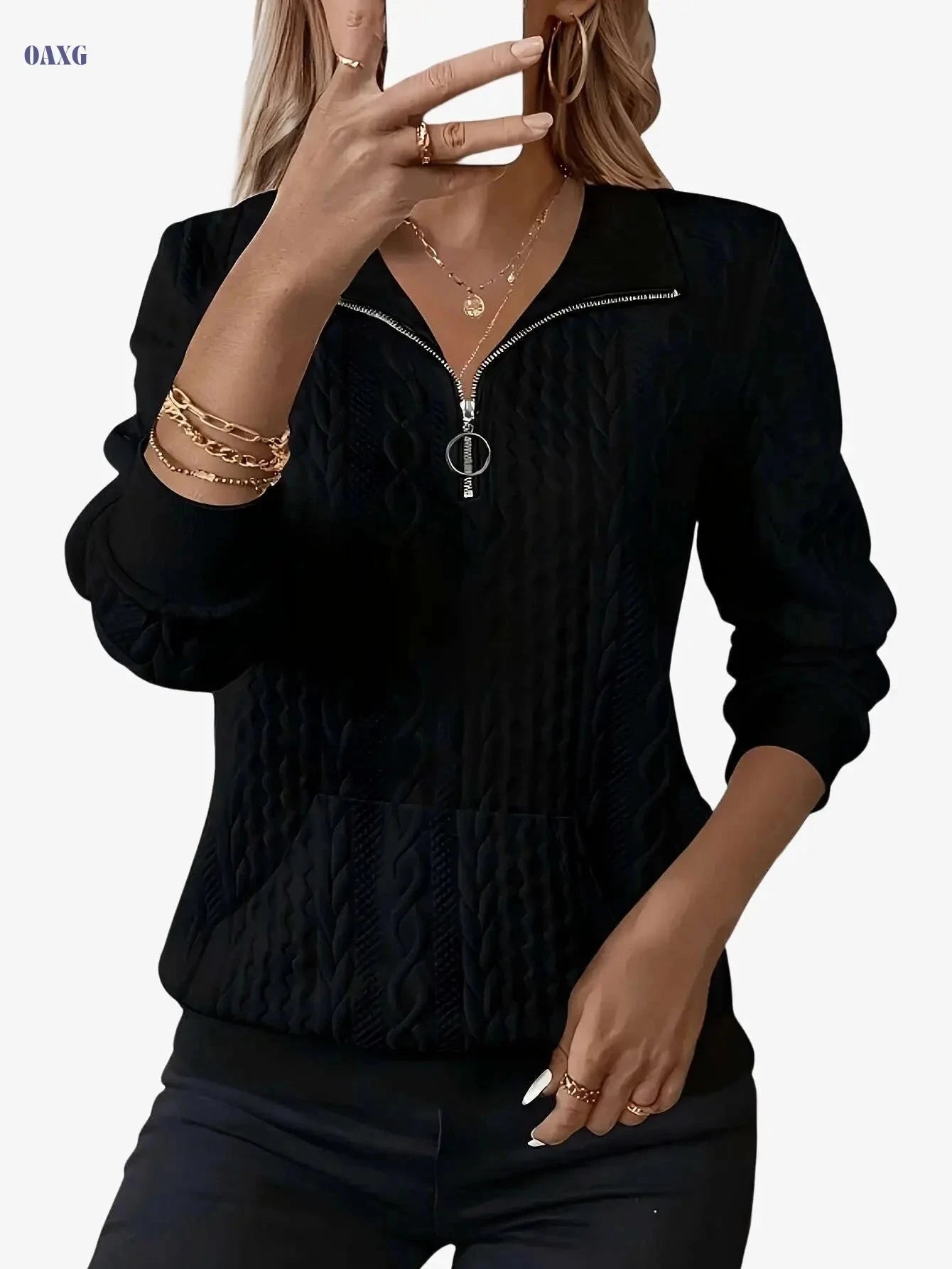 Women's Jacquard Pullover Hoodie - Long Sleeve Zipper Casual Sweatshirt   OAXG White / S