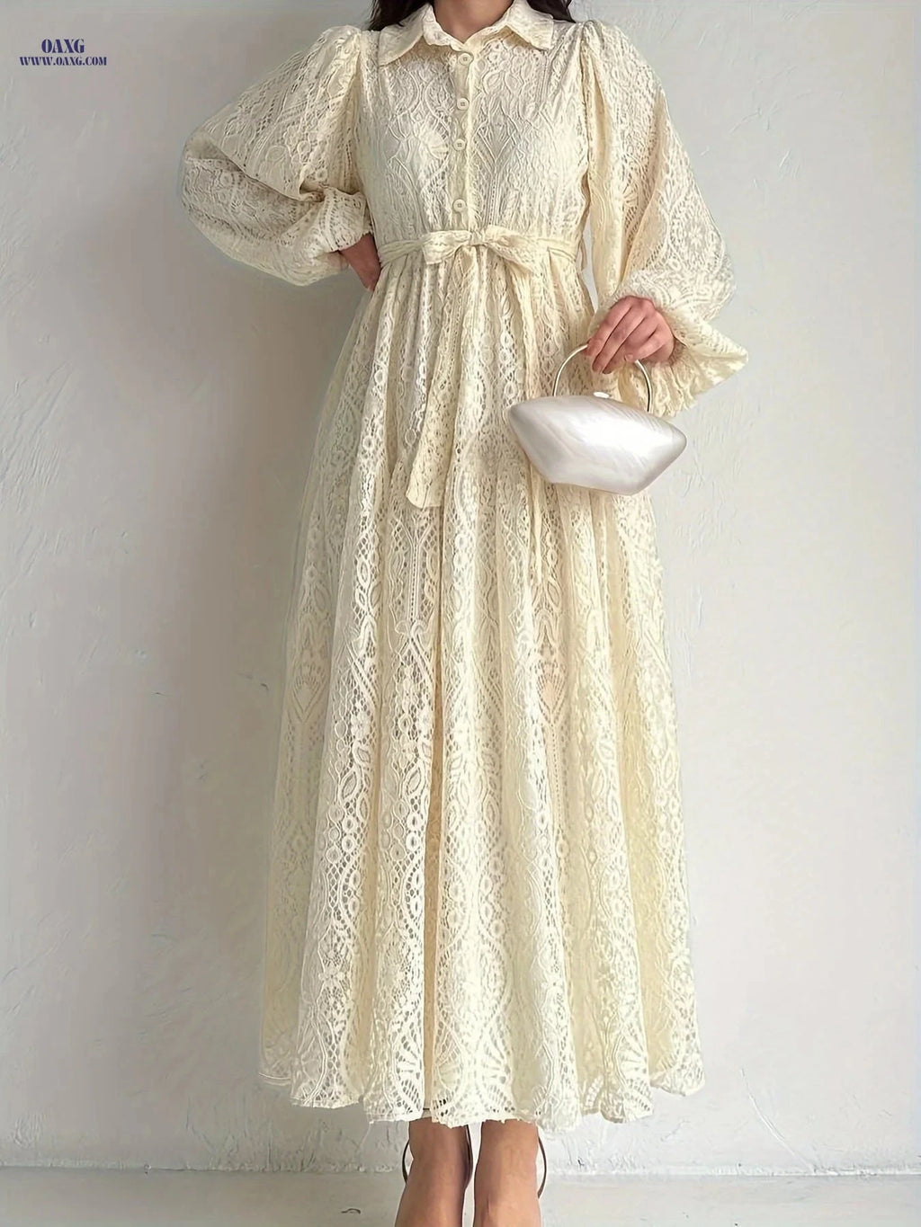 Women's Lace Collar Robe Dress - Elegant Solid Color, Machine Washable   OAXG 