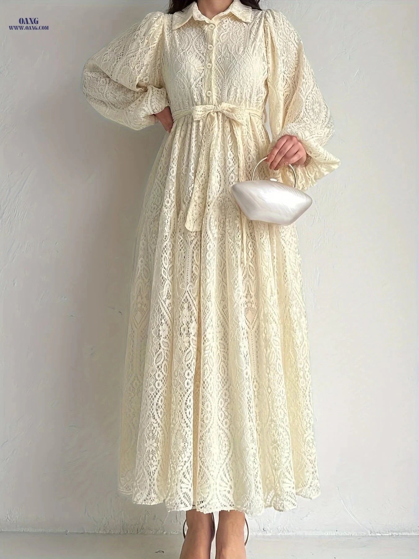 Women's Lace Collar Robe Dress - Elegant Solid Color, Machine Washable   OAXG 