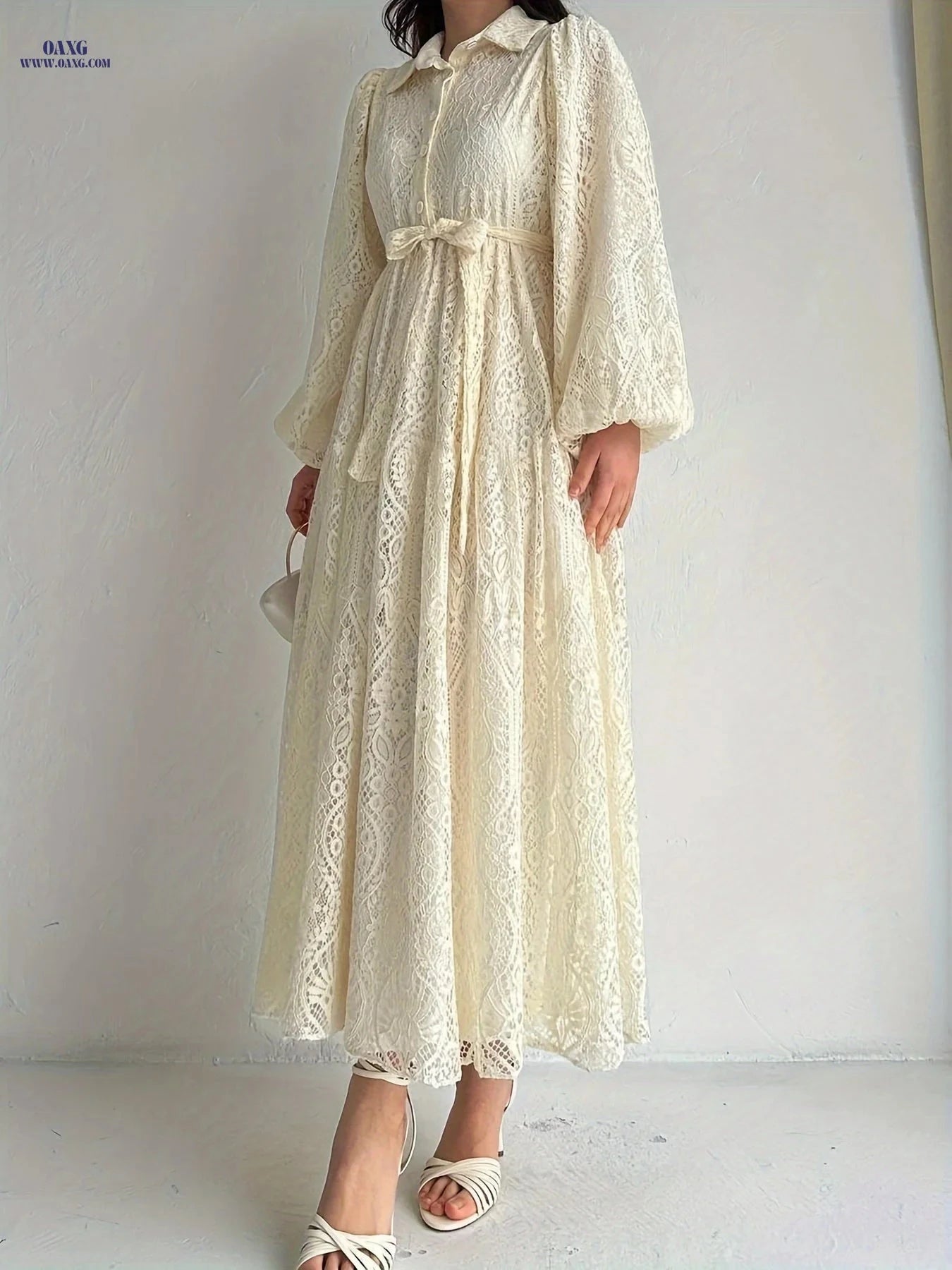 Women's Lace Collar Robe Dress - Elegant Solid Color, Machine Washable   OAXG 