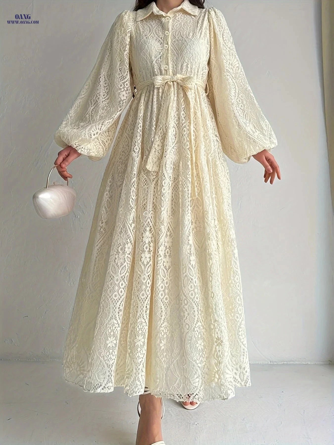 Women's Lace Collar Robe Dress - Elegant Solid Color, Machine Washable   OAXG Light Gold / S