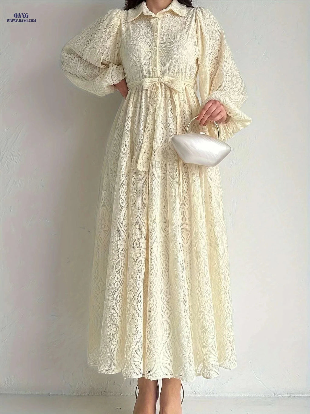 Women's Lace Collar Robe Dress - Middle Eastern Style, All Season   OAXG Light Gold / S