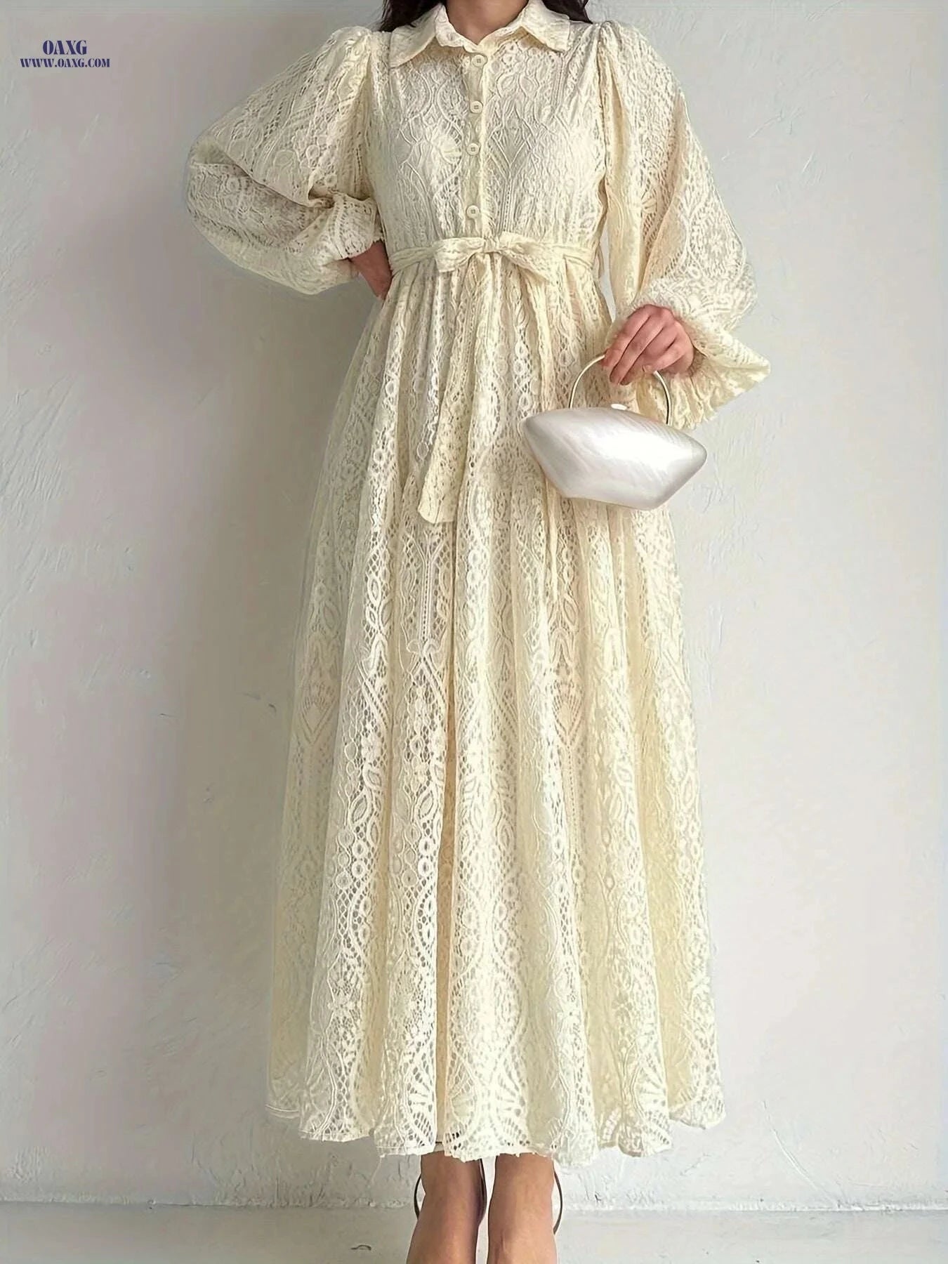 Women's Lace Collar Robe Dress - Middle Eastern Style, All Season   OAXG Light Gold / S