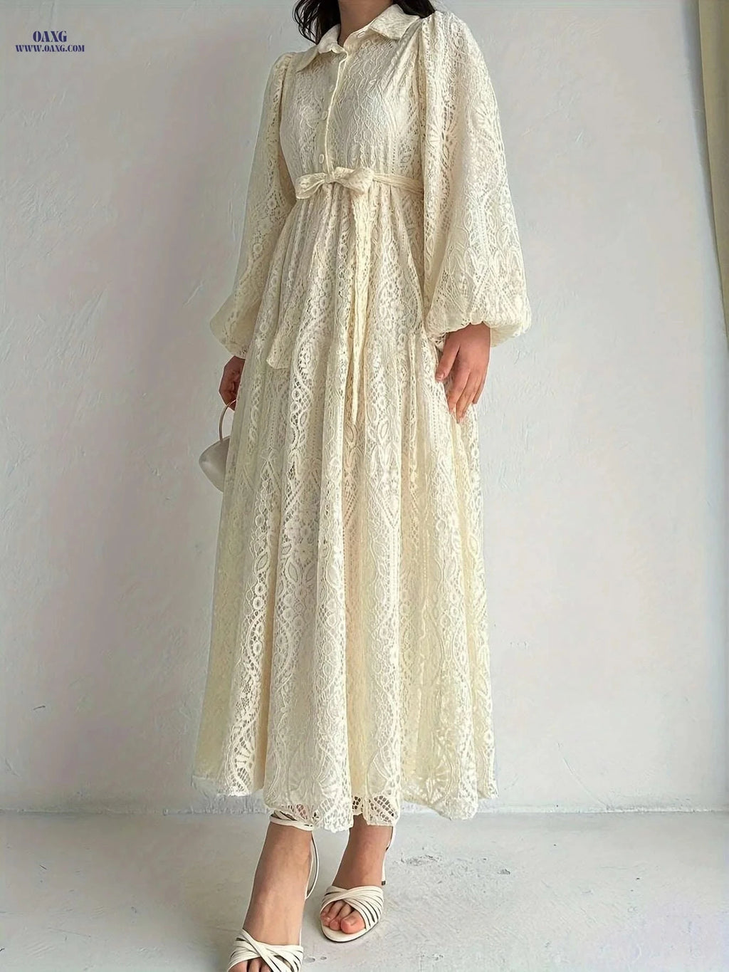 Women's Lace Collar Robe Dress - Middle Eastern Style, All Season   OAXG Light Gold / S