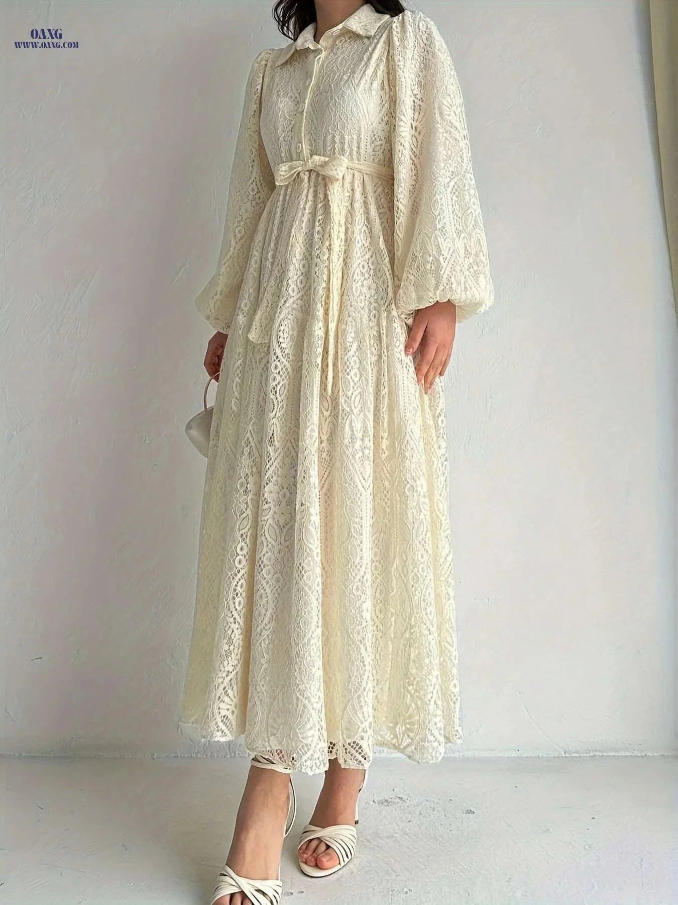 Women's Lace Collar Robe Dress - Middle Eastern Style, All Season   OAXG Light Gold / S