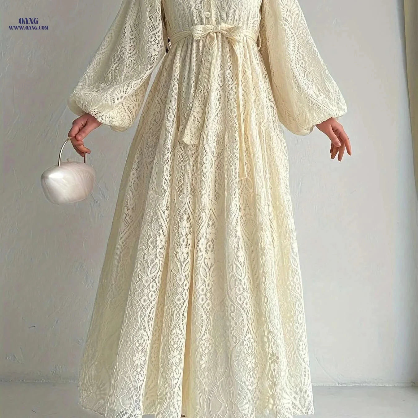 Women's Lace Collar Robe Dress - Middle Eastern Style, All Season   OAXG Light Gold / S
