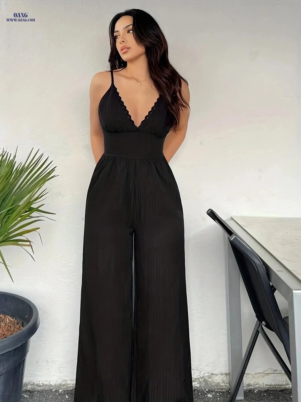 Women's Lace Trim Jumpsuit - Spring/Summer Slim Fit Vacation Style   OAXG Black / XS