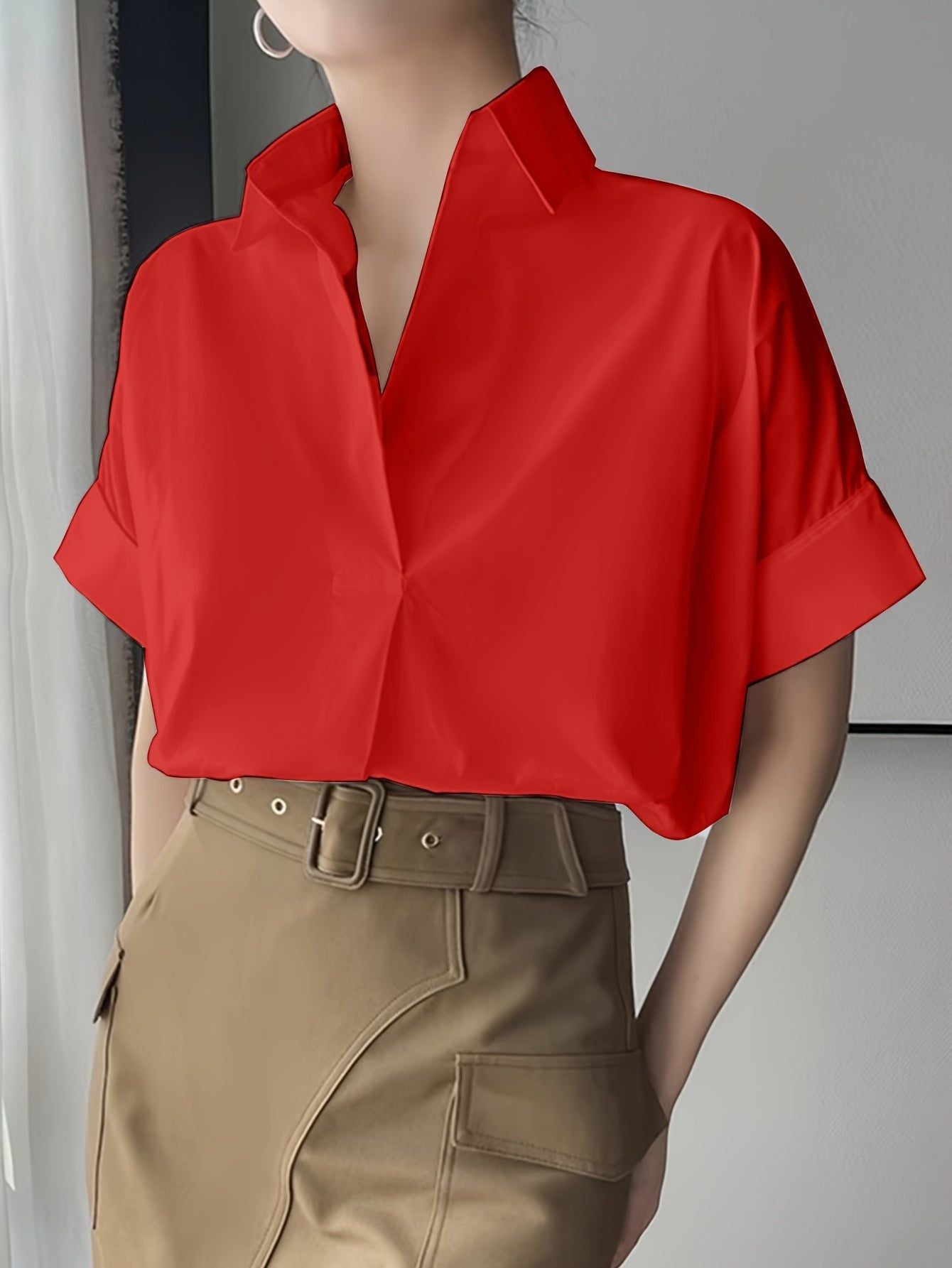 Women'S Lapel Solid Short Sleeve Shirt   OAXG White / S