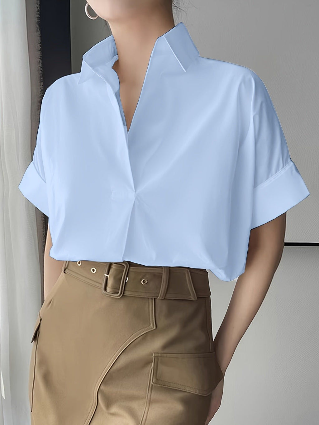 Women'S Lapel Solid Short Sleeve Shirt   OAXG White / S