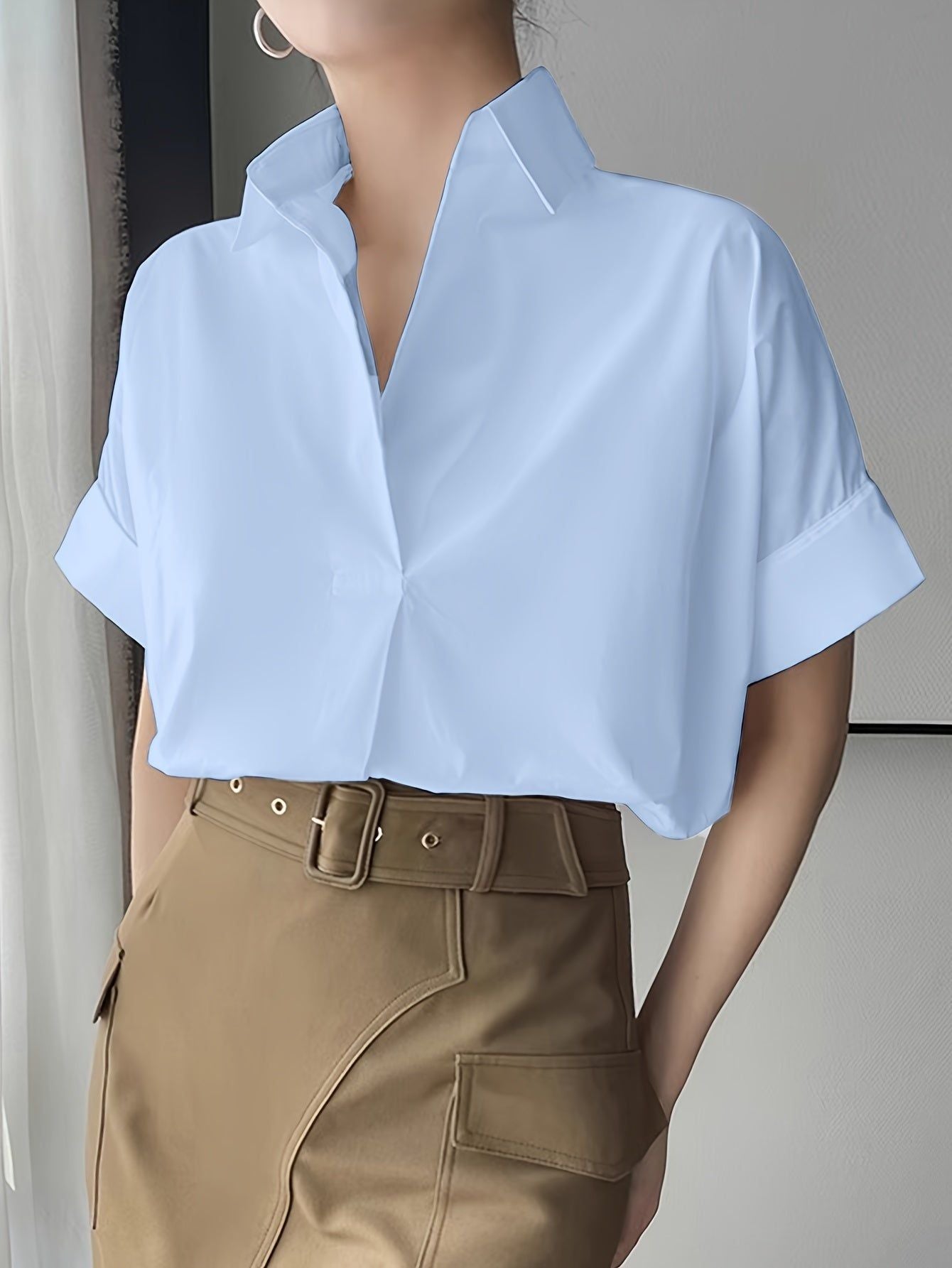 Women'S Lapel Solid Short Sleeve Shirt   OAXG White / S