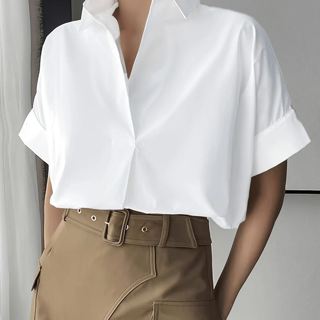 Women'S Lapel Solid Short Sleeve Shirt   OAXG White / S