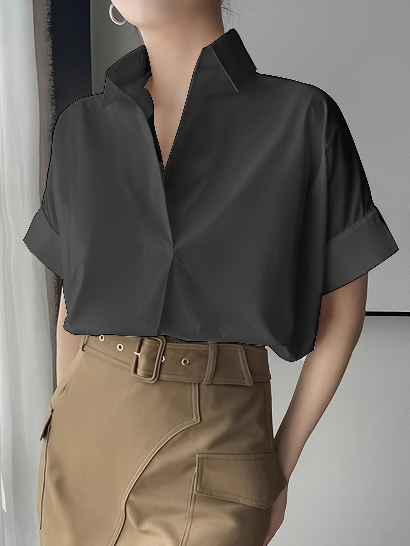 Women'S Lapel Solid Short Sleeve Shirt   OAXG White / S