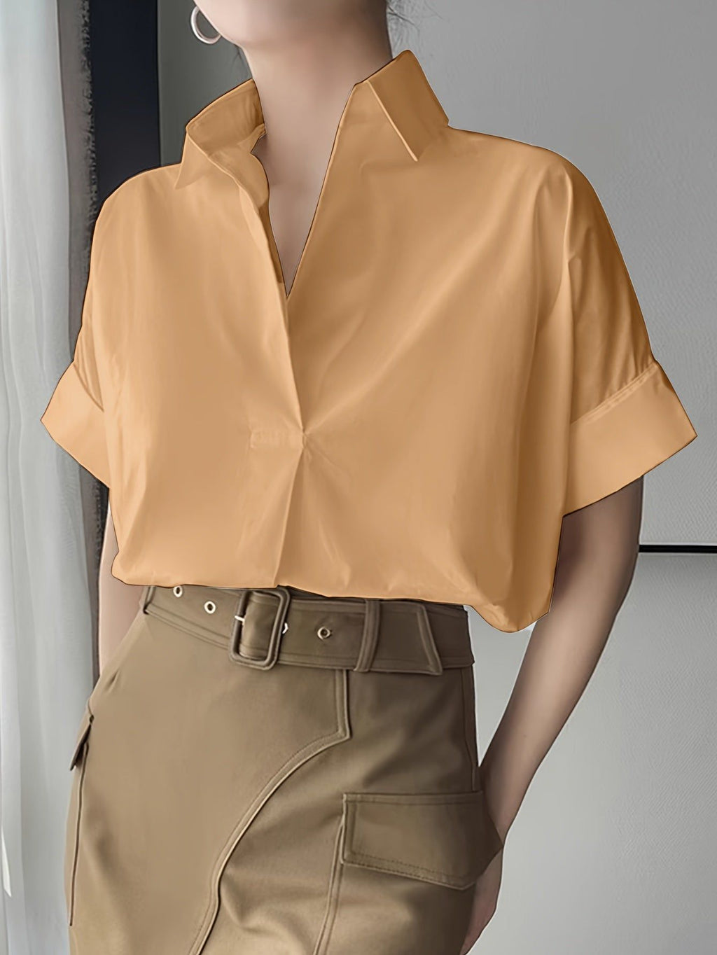 Women'S Lapel Solid Short Sleeve Shirt   OAXG White / S