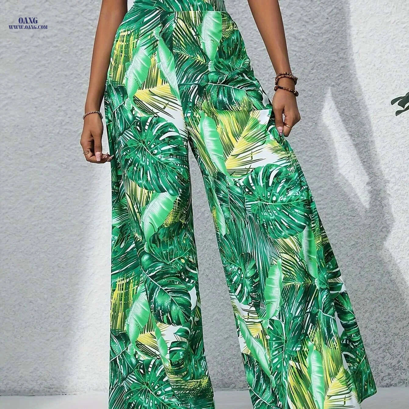 Women's Leaf Print Wide Leg Pants - Vacation Style for Spring/Summer   OAXG 