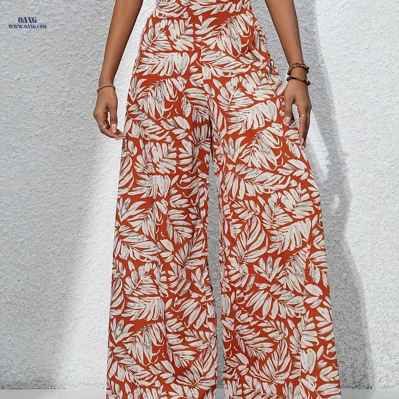 Women's Leaf Print Wide Leg Pants - Vacation Style for Spring/Summer   OAXG 