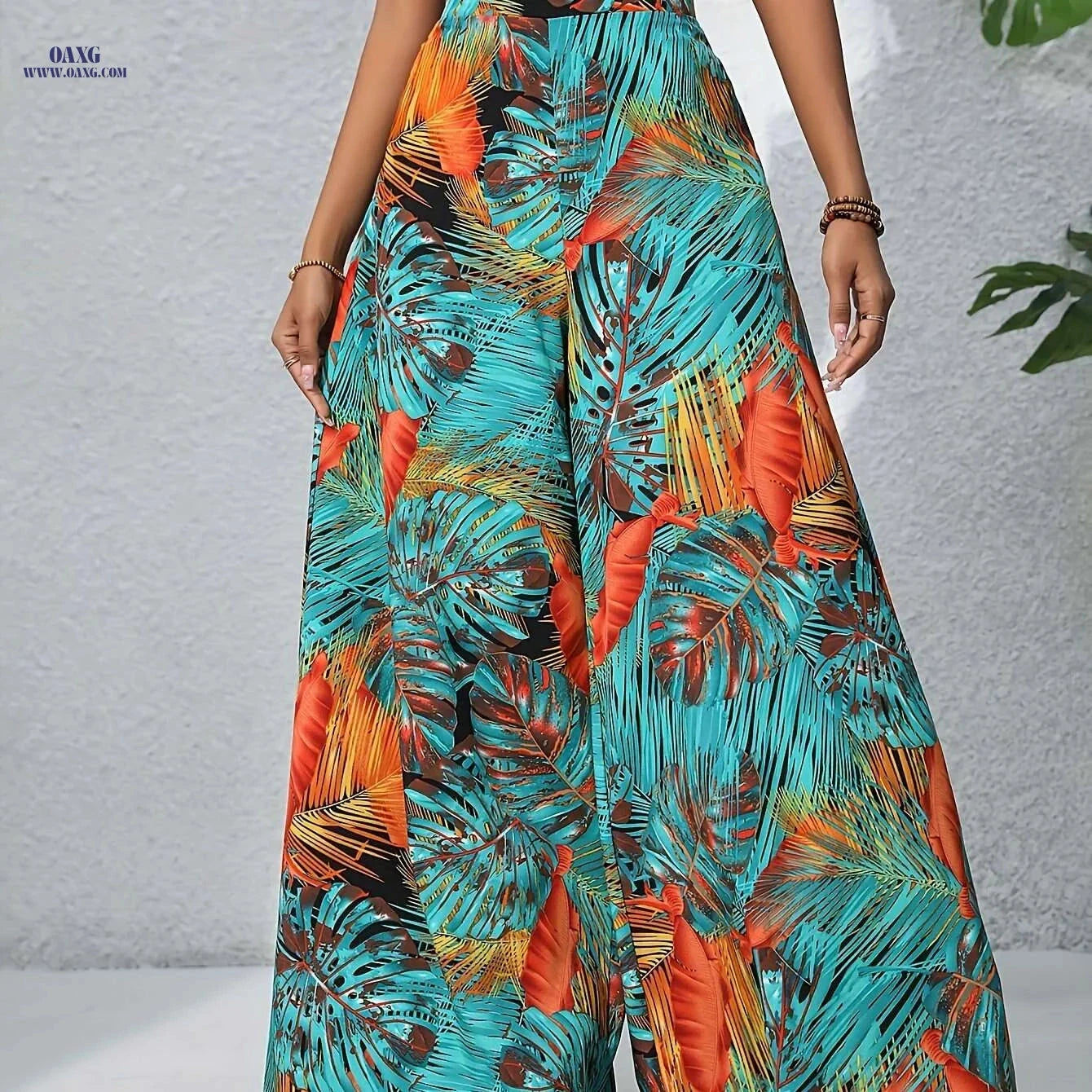 Women's Leaf Print Wide Leg Pants - Vacation Style for Spring/Summer   OAXG Blue / S