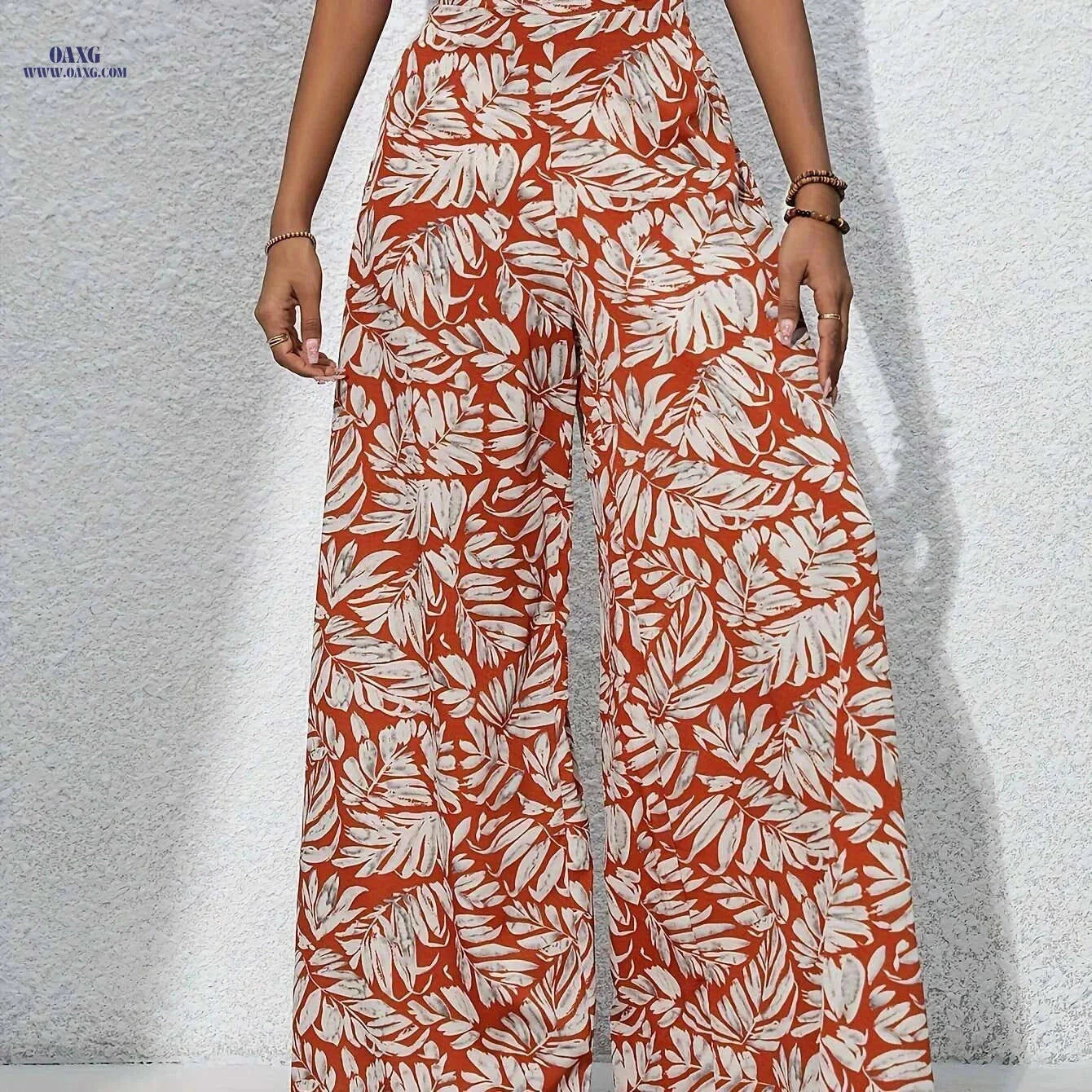 Women's Leaf Print Wide Leg Pants - Vacation Style for Spring/Summer   OAXG Blue / S