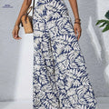 Women's Leaf Print Wide Leg Pants - Vacation Style for Spring/Summer   OAXG Blue / S