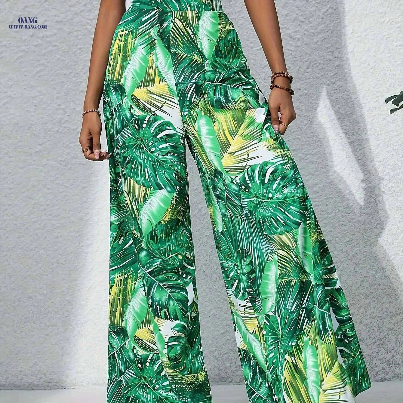 Women's Leaf Print Wide Leg Pants - Vacation Style for Spring/Summer   OAXG Blue / S