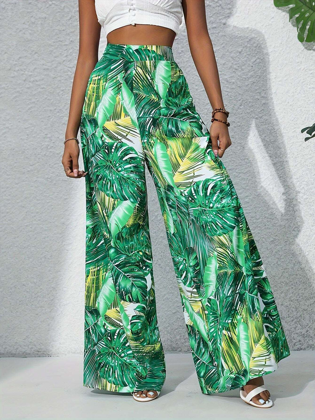 Women's Leaf Print Wide Leg Pants - Vacation Style for Spring/Summer   OAXG Blue / S