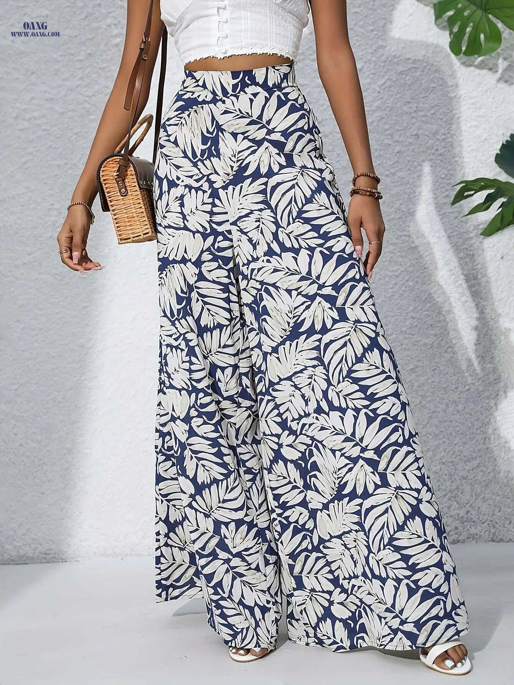 Women's Leaf Print Wide Leg Pants - Vacation Style for Spring/Summer   OAXG Blue / S