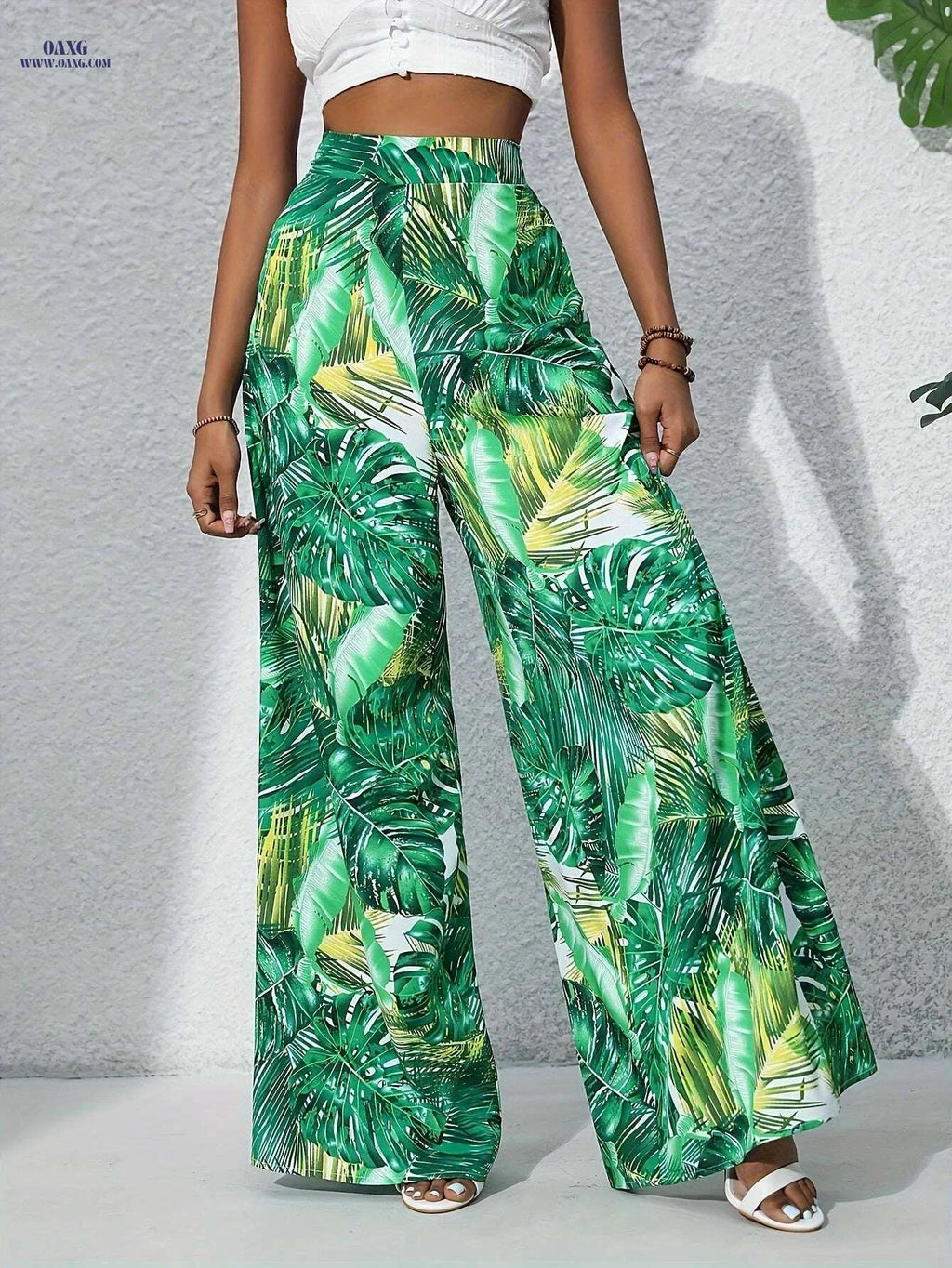 Women's Leaf Print Wide Leg Pants - Vacation Style for Spring/Summer   OAXG 